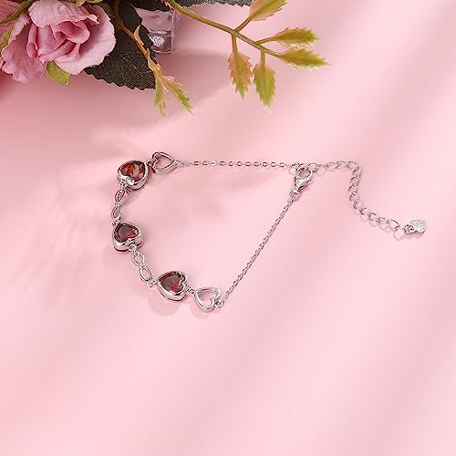 Qings 3 Heart Garnet Birthstone Bracelet for Women Sterling Silver 925 January Infinity Symbol Adjustable Link Bracelets with Cubic Zirconia Charms Friendship Family Birthday Gifts for Girls Her