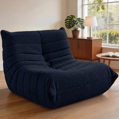 Image of HABUTWAY Bean Bag Chairs Fireside Lazy Floor Sofa,Single,Navy Blue | Soft Teddy Fleece Bean Bag Sofa with High-Resilience Foam Filling,Beanbag for Living Room, Bedroom, Office
