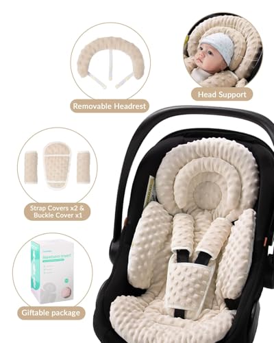Image of TinlyFinly Infant Car Seat Insert with Extra Cushion for Preemie to Toddler, Reversible Newborn Carseat Insert for Baby Head Body Support, Fits for Stroller, Baby Swing, Bouncer - Dots, Beige