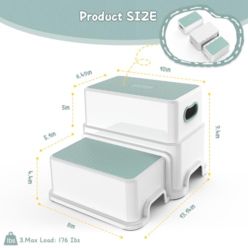 Image of Victostar 2 Step Stool for Kids, Anti-Slip Sturdy Toddler Two Step Stool for Toilet Potty Training, Bathroom,Kitcheng (Green-White)