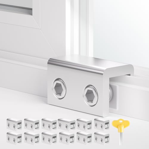 Window Locks Security, 12 Sets Double Sliding Window Locks with Key, Window Stoppers for Vertical & Horizontal Sliding Windows, Adjustable Windows Security locks for Home Bedroom School and Office