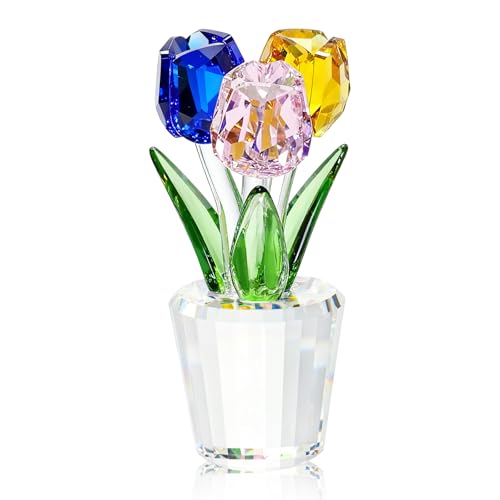 JUUDDENPARTS Bouquet di tulipani in cristallo multicolore, pezzo decorativo in vetro, adatto per Natale, compleanni e varie occasioni