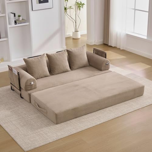 KOMHTOM Petit Canapé 2 Places en Velours Côtelé avec 3 Coussins Confortables, DIY Libre et Structure Métal - Canapé Convertible Multifonctionnel Moderne (Kaki-B)