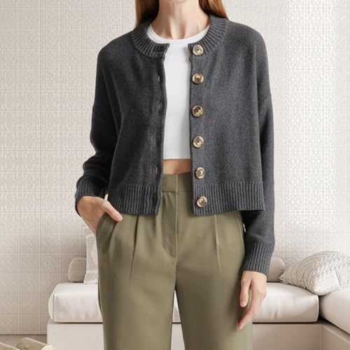 Women's Button Down Cardigan Long Sleeve Crew Neck Sweater Ribbed Hem Casual Knit Coat Spring Fall Outwear4