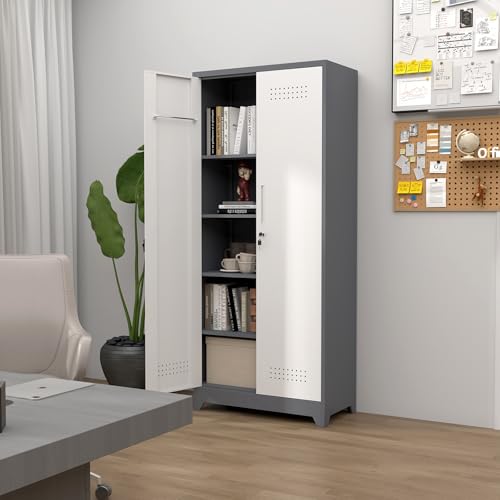 Image of Broom Storage Cabinet, Metal Cabinet with Shelves and Hanging Rod, 72.8 inch Utility Cabinets with Locking Door, Tall Cleaning Storage for Kitchen, Pantry, Office, Shop, Garage