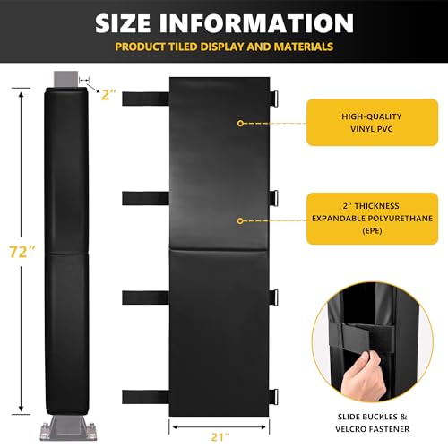 Image of 72 inch Tall Basketball Pole Pads, All-Weather Square Basketball Pole Padding Outdoor, 2 inch Thick Heavy Duty Wrap-Around Protective Pads for Fixed Height & Adjustable Basketball Hoop Poles