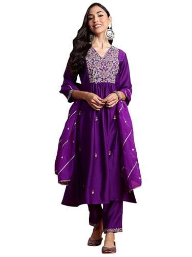 Image of INDO ERA Women's Viscose Embroidered A-Line Kurta and Pant with Dupatta Set (SHUTR6107)