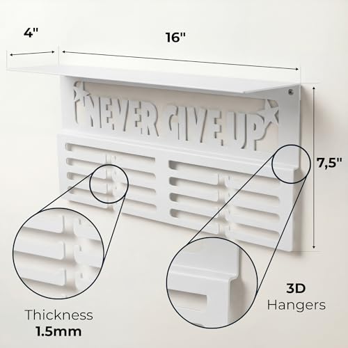 Image of AGATHOS HOME Medal Hanger Display with Trophy Shelf - Metal Awards Rack for Walls Holds 64+ Sports Medals- Our Never Give Up 16 inch Medal Holder Awards Trophy Display