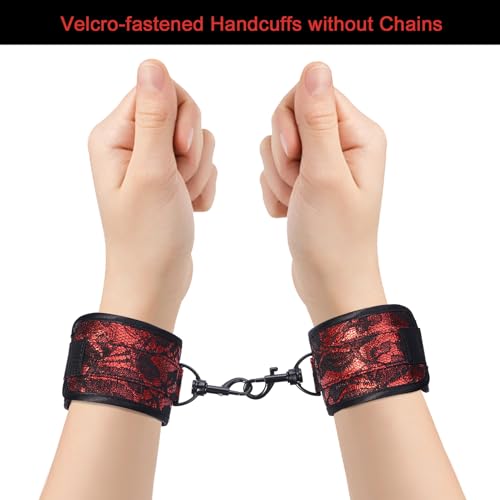 Image of Lace Blindfold and Faux-Fur-Lined Handcuffs Set, Red Soft Bondage Wrist Cuffs Kit Sex Play Toys for Adults