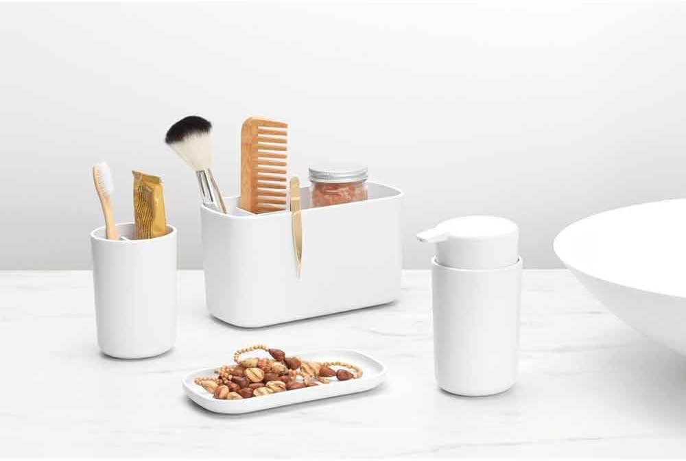 Brabantia Renew 3 Piece Bathroom Accessory Set (White) Refillable Handwash Soap Dispenser, Toothbrush Holder & Tray
