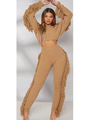 Image of KANSOON 2 Piece Sweater Set for Women Cable Knit Fringe Crop Top and Pants | Cozy feel, ribbed high waist, comfortable stretch fit for birthday and chilly going-out outfits