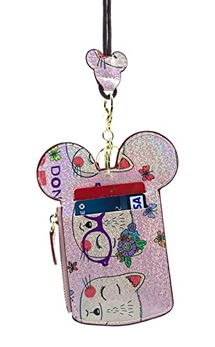 Cute Animal Mickey ID Case Card Holder Travel Neck Pouch Cute Small Fashion Student ID Card Holder Coin Wallet Purse for Women/Girls/Children (Shiny Pink)2