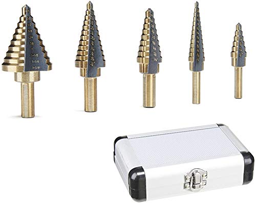 Crazy Deals Step Drill Bit Set & Automatic Center Punch- Unibit, Titanium Coated, Double Cutting Blades, High Speed Steel, Short Length Drill Bits Set of 5 pcs, Total 50 Sizes with Aluminum Case