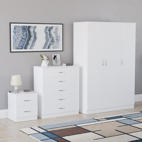 Image of Vida Designs Riano 3 Piece Bedroom Set - 2 Drawer Bedside Chest, 5 Drawer Chest, 3 Door Mirrored Wardrobe - White
