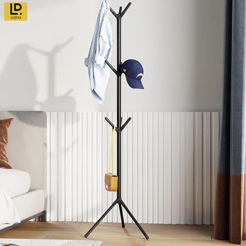 Image of LEOPAX Metal Premium Coat Rack Freestanding Tree Shape Coat,Towel, Hat Stand With 9 Hooks for Livingroom, Bedroom, Hallway - Black - Use Light Weight Clothes, 46X46X170 Cm