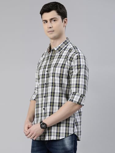 Image of JOVEN Men Slim Fit Pure Cotton Brown and Dark Green Casual Checked Shirt