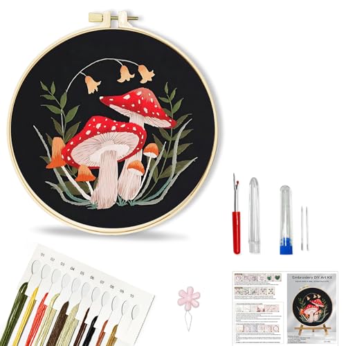 Image of Huacan Embroidery Kit for Beginners Adults Includes Stamped Flower Pattern, Hoop, Color Threads,Tools,Easy to Follow Instruction (Mushroom)