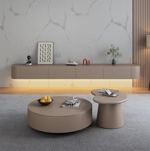 Image of Floating TV Stand Wall Mounted - Wall Entertainment Center with Flip-Down Doors & Drawers, Modern Hanging TV Shelf for Living Room, Media Console for 65 /75 80 Inch TVs (Khaki - B, 47.2IN /120CM)