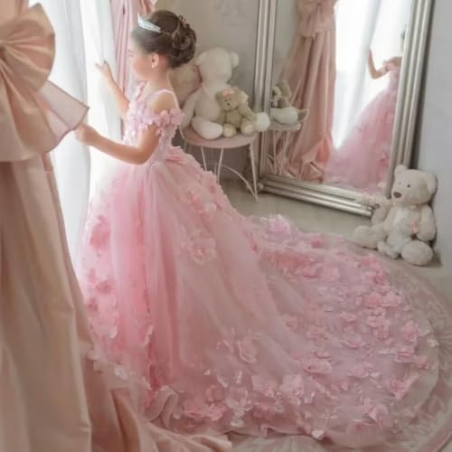 Custom Flower Girl Dresses Tulle Petal Flowers Appliques with Trailing Short Sleeve for Wedding Birthday Party Pageant Holy Communion Banquet Princess Gown3