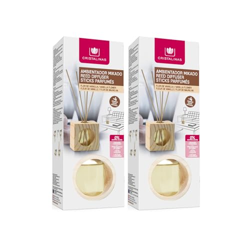 CRISTALINAS. Ambientador MIKADO. Cubo de Madera con varillas. 0% alcohol Mas de 4 semanas de duración. 30ml. Aroma VAINILLA. (Pack 2)