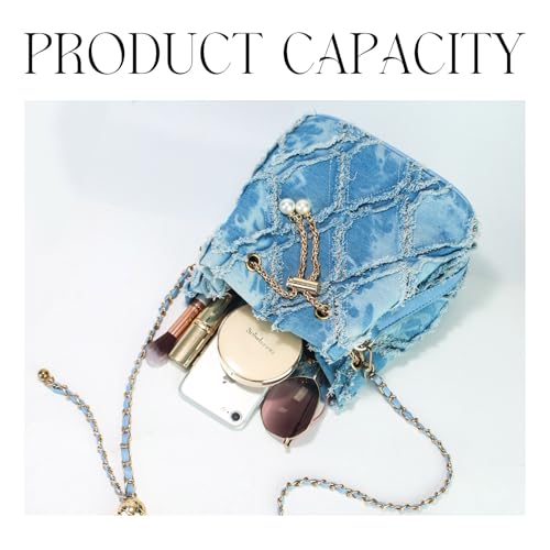 Small Denim Bucket Bag for Women, Quilted Jean Drawstring Purse with adjustable & detachable Strap,Stylish Shoulder Handbag3