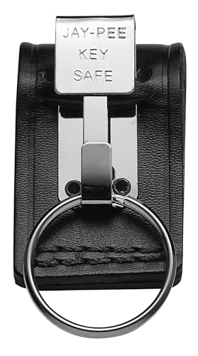 JAY-PEE Black Leather Duty Belt Key Holder Officer Accessory Law Enforcement Ring Carrier Tactical Belt Loop Keychain Security with 1 Chrome Detachable Key Ring Safety Hook for up to 2.25 Belts