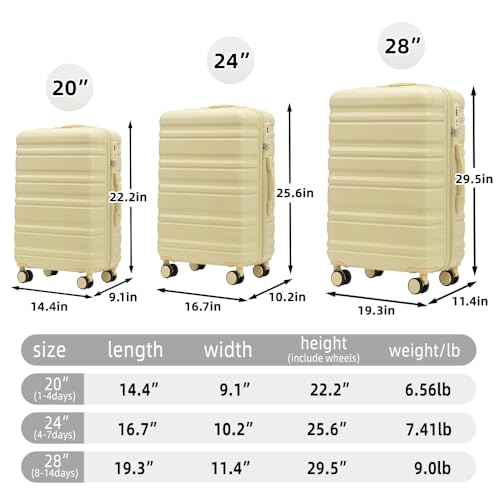 ABS Spinner Wheel Luggage, Carry on Suitcase, Matching Color,TSA Combination Lock (Light Yellow)3