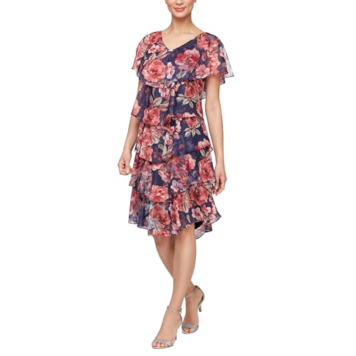 Image of S.L. Fashions Women's Short Sleeve Floral Tiered Chiffon Cocktail Spring /Summer Dress, Wedding Guest Dress