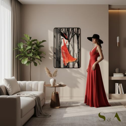 Image of S & A Elegant Lady in Red Gown Metal Wall Art Home Decor - Modern 3D Effect Decorative Panel with Realistic Gown Detail - Ideal for Living Room & Bedroom - 68cm x 46cm