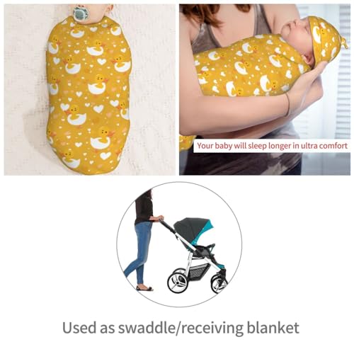 Image of Lovely Duck Heads and Heart Newborn Swaddle Blankets Hat Sets Soft Baby Receiving Blanket Swaddle Sack for Baby Shower Infant Boy Girl Gift