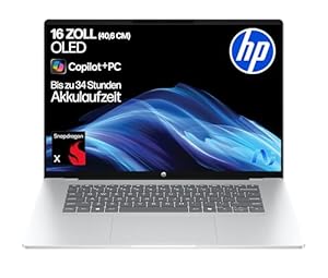 HP OmniBook 5 Next Gen AI Laptop PC, 16 Zoll 2K OLED Touch, Snapdragon X1-26-100 Prozessor (45 NPU-Tops), 16 GB LPDDR5x RAM, 512 GB PCIe SSD, Qualcomm Adreno GPU, Windows 11 Home, QWERTZ, Silber