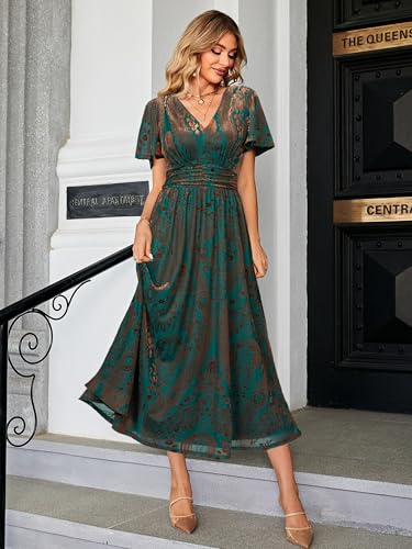 Image of Simplee Women's V Neck Velvet Maxi Dress Short Sleeve Empire Waist Long Formal Dress for Wedding Guest