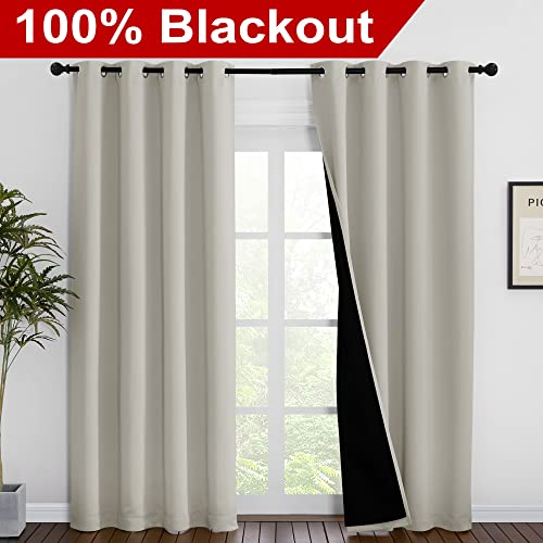 Image of NICETOWN 100% Blackout Window Curtain Panels, Cold and Full Light Blocking Drapes with Black Liner for Nursery, 86 inches Drop Thermal Insulated Draperies (Natural, 2 Pieces, 55 inch Wide Each Panel)
