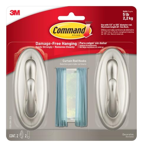Command 5 lb Large Brushed Nickel Color Hooks, 2-Pack of 2 Wall Hooks and 2 Command Strips, Hooks for Hanging Home Decor, Wall Decor, and Room Decor