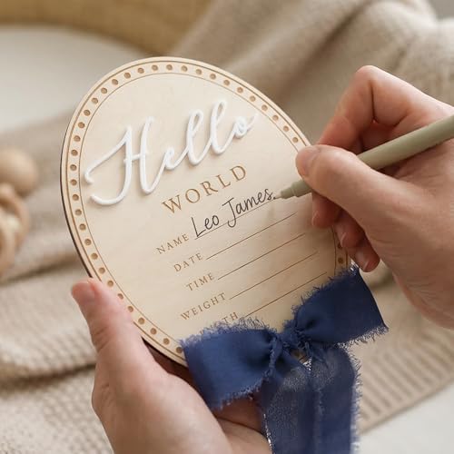 Image of TTMerriwood Baby Announcement Sign 6.5 Inch Wooden Hello World Newborn Welcome Sign Birth Name Plaques for Photo Props Shower Hospital Nursery (Midnight Blue)