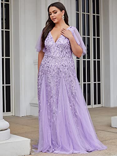 Image of Ever-Pretty Women's Sequin V Neck Plus Size Formal Dresses Evening Gown | Short Sleeve, A-Line, Empire Waist, Plus Size Mother of the Bride Dresses, Plus Size Gala Dress