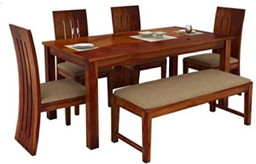Image of SHRI MINTU'S ART Sheesham Wood Dining Table 6 Seater | Six Seater Dinning Table with 4 Chairs & 1 Bench for Home | Dining Room Sets for Kitchen & Restaurants | Chairs with Cushion | Rustic Teak Finish