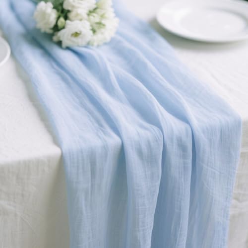 SAJOO Light Blue Cheesecloth Table Runner 10ft Sheer Cheese Cloth Table Runner 35x120 Inches Boho Baby Blue Gauze for Wedding Birthday Party Christmas Table Decorations