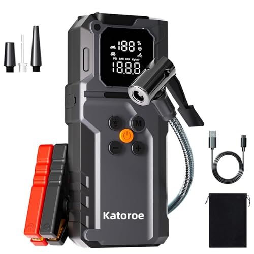 KATOROE Arrancador de Baterías de Coche con Compresor de Aire 4000A, Arrancador de Coche Portátil (9,0L Gasolina/8,0L Diésel) con Inflador 150PSI, Pantalla LCD Grande y Linterna LED