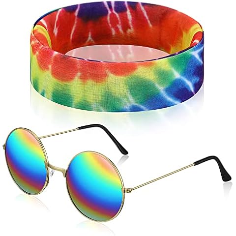 2 Pieces Hippie Costume Set Sunflower Headband Vintage Round Hippie Glasses Hippy 70s Sunglasses Rainbow Hippie Accessories for 60s Hippie Fancy Dress Outfit Halloween Festival Cover