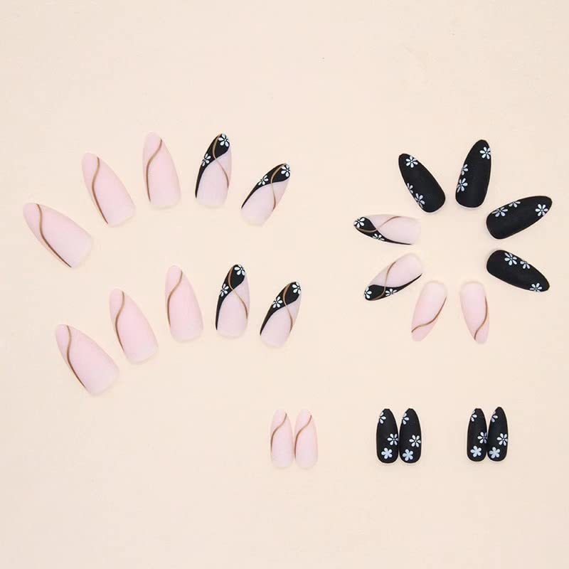 Miniatura 3 de Uñas postizas a presión de almendra francesa para primavera y verano, con bonitas flores, diseño de ondas doradas, color negro, esmerilado, pegadas,