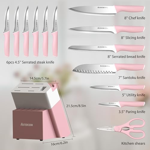 Image of Astercook Knife Set, Kitchen Knives Set with Block and Sharpener 15 Pcs German Stainless Steel Knives Sharp Blade Dishwasher Safe Deba Knives with Ergonomic Handle, Crystal Pink