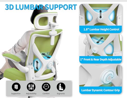 Image of Ergonomic Office Chair - Mesh Desk Chair with Adjustable Lumbar Support High Back Computer Gaming Chairs - Big and Tall Office Chairs Adults, Comfortable for Long Hours, Green