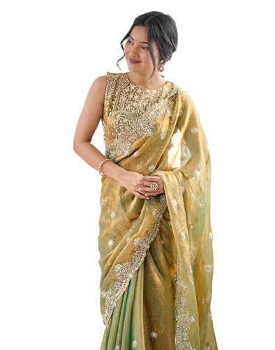 Image of Satrani Women's Shimmer Chiffon Dual Tone Scalloped Border Sequins Embroidery Saree with Unstitched Blouse Piece