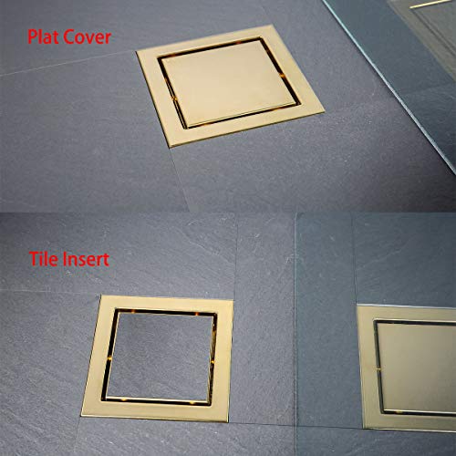 RANDOM 6-inch SUS304 Stainless Steel Square Shower Floor Drain with Tile Insert Grate Removable Multipurpose Invisible Look or Flat Cover,Brushed Stainless. (Brushed Gold)