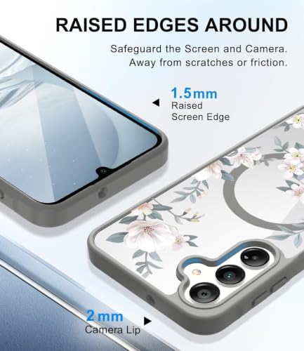 Image of VONZEE Compatible with Samsung Galaxy S23 5G Case Luxury Retro Flowers Floral Clear for Magnetic Wireless Charging Case Shockproof Case PC+TPU Cute Glossy Shiny Cover for Girls Women,Grey