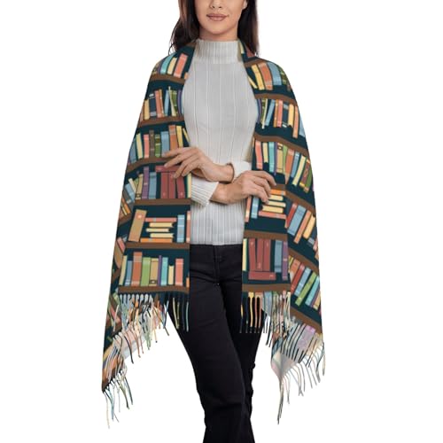 Cartoon Bookshelf Bookworm print Oversized winter tassel shawl Scarf Fashion tassel shawl with styling3