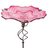 HONGLAND Glass Birdbath with Metal Stake for Outdoors Garden Yard Decor, 31" Height, Red