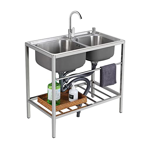 Lavello Cucina Commerciale Mobile Lavello Acciaio Inox con Ripiano Rubinetto Caldo Freddo,Giardino Esterno lavando lavello Uso per Garage e Cortile,Ristorante,Lavanderia