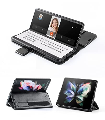 OCASE Galaxy Z Fold 3 5G Wallet Case with S Pen Holder, PU Leather Flip Folio, Card Slots, RFID Blocking, Kickstand - Black